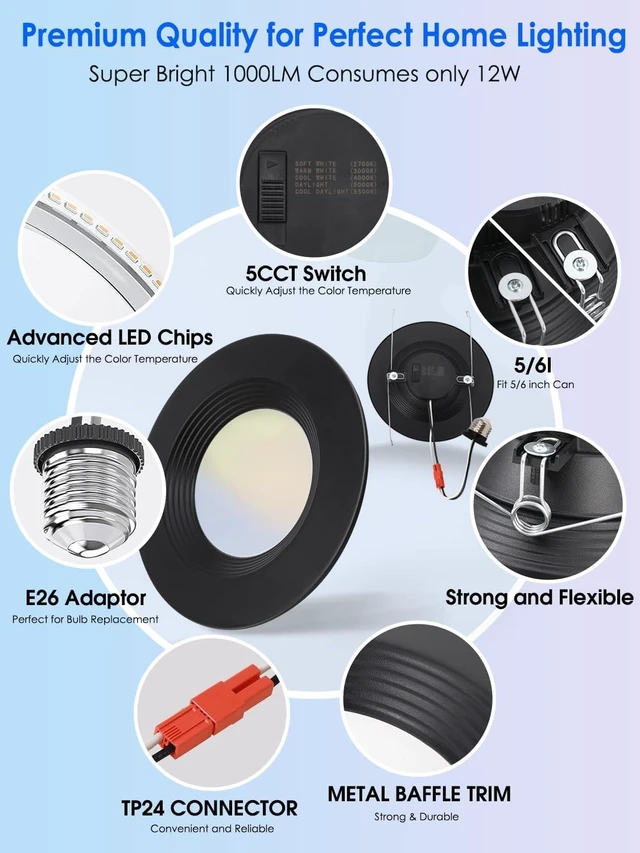 Alt view image 6 of 7 - 12 Pack 5/6 Inch 5CCT Black LED Recessed Lighting Retrofit, 2700K/3000K/4000K/5000K/6500K Selectable, Dimmable Can Lights with Baffle Trim, 12W=150W, High Brightness 1000LM, Wet Rated, ETL Certified