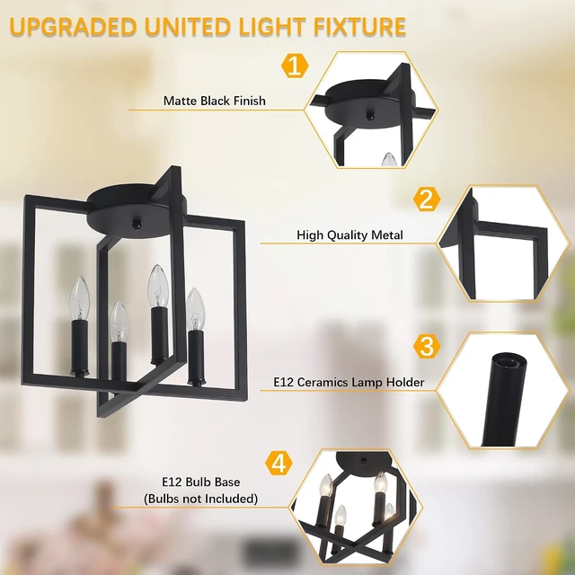 Alt view image 4 of 7 - Semi Flush Mount 4-Light Black Ceiling Light, Modern Industrial Light