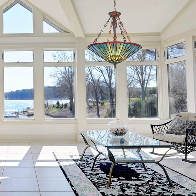 Alt view image 6 of 7 - Capulina Tiffany Lamp Blue Stained Glass Chandelier Pendant Light 3-Light