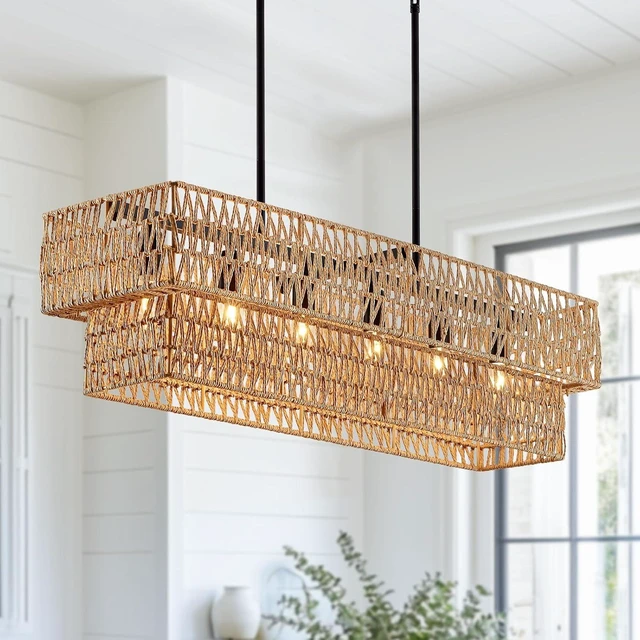 Main image of 6-Light Boho Rattan Chandeliers for Dining Room, 2 Layer Large Linear Chandelier Rattan Pendant Light Fixture Farmhouse 34 Rectangle Chandelier for Kitchen Island Bar Living Room