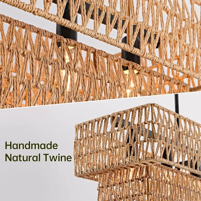 Alt view image 2 of 7 - 6-Light Boho Rattan Chandeliers for Dining Room, 2 Layer Large Linear Chandelier Rattan Pendant Light Fixture Farmhouse 34 Rectangle Chandelier for Kitchen Island Bar Living Room