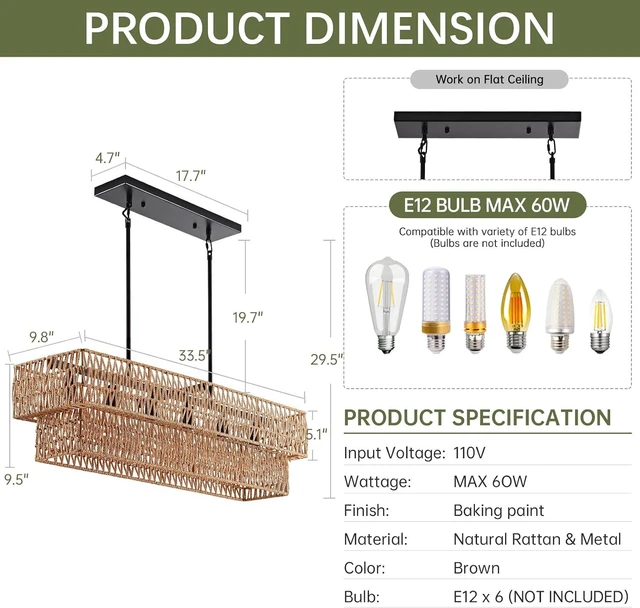 Alt view image 4 of 7 - 6-Light Boho Rattan Chandeliers for Dining Room, 2 Layer Large Linear Chandelier Rattan Pendant Light Fixture Farmhouse 34 Rectangle Chandelier for Kitchen Island Bar Living Room