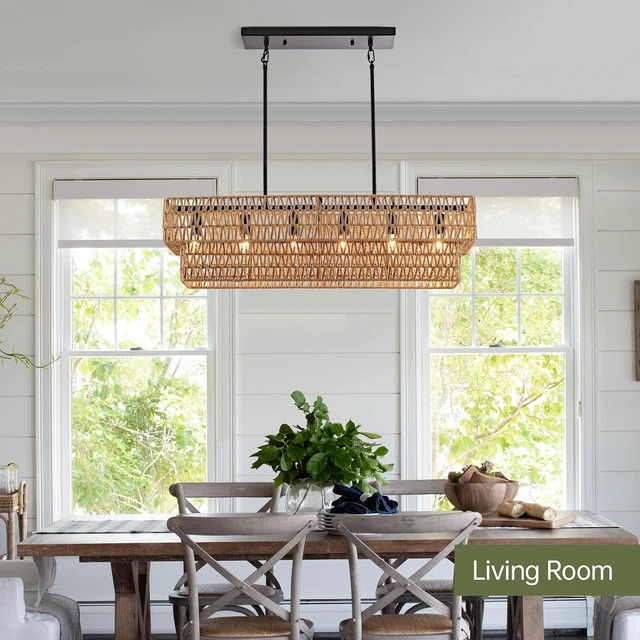 Alt view image 7 of 7 - 6-Light Boho Rattan Chandeliers for Dining Room, 2 Layer Large Linear Chandelier Rattan Pendant Light Fixture Farmhouse 34 Rectangle Chandelier for Kitchen Island Bar Living Room