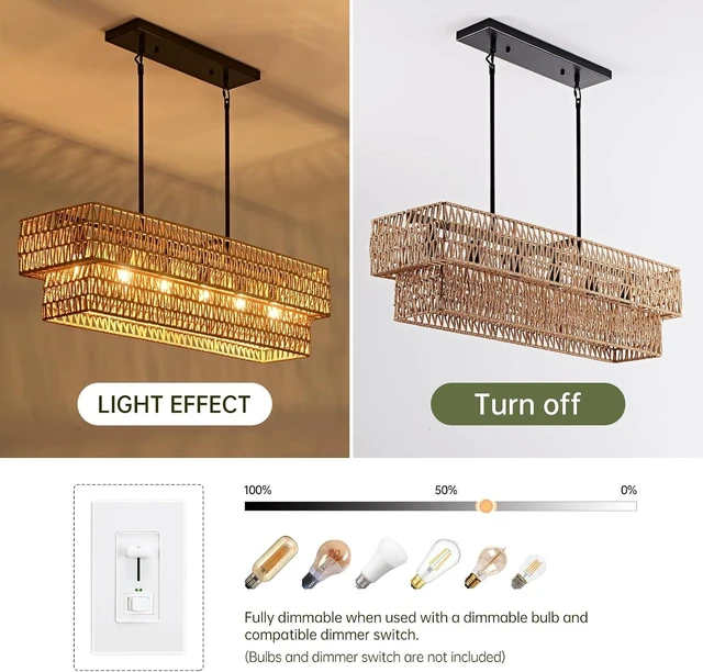 Alt view image 5 of 7 - 6-Light Boho Rattan Chandeliers for Dining Room, 2 Layer Large Linear Chandelier Rattan Pendant Light Fixture Farmhouse 34 Rectangle Chandelier for Kitchen Island Bar Living Room