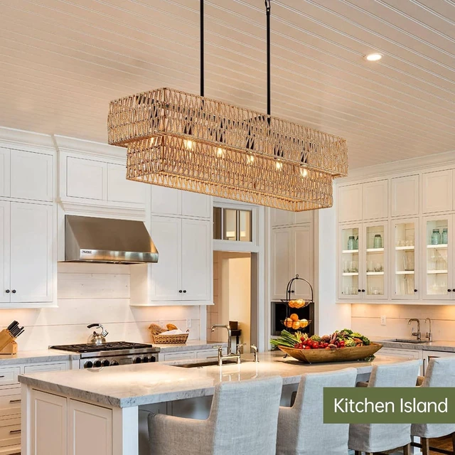 Alt view image 6 of 7 - 6-Light Boho Rattan Chandeliers for Dining Room, 2 Layer Large Linear Chandelier Rattan Pendant Light Fixture Farmhouse 34 Rectangle Chandelier for Kitchen Island Bar Living Room