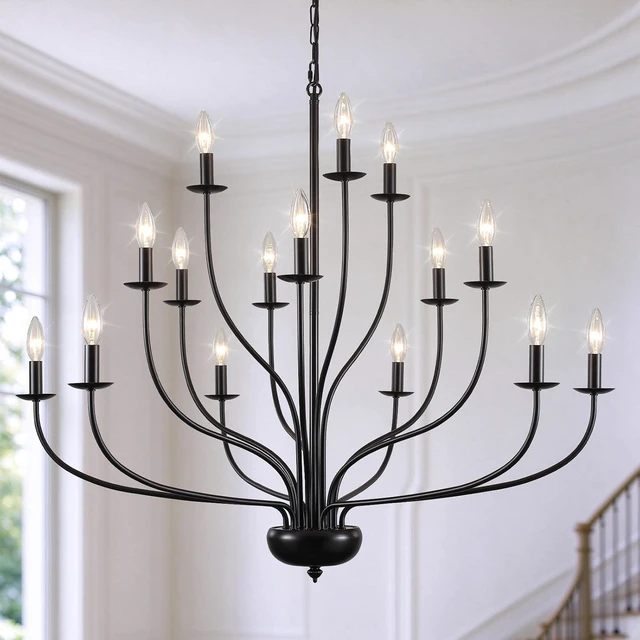 Main image of 15-Light Black Chandelier 39" Large Foyer Chandeliers for High Ceilings Modern Farmhouse Chandelier Industrial Candle Pendant Light Fixture for Entryway Living Room Dining Room Staircase Hallway