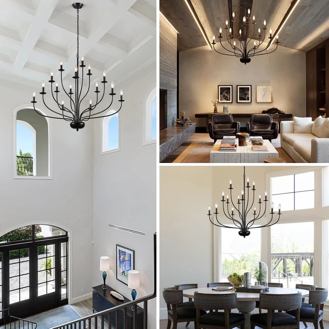 Alt view image 2 of 7 - 15-Light Black Chandelier 39" Large Foyer Chandeliers for High Ceilings Modern Farmhouse Chandelier Industrial Candle Pendant Light Fixture for Entryway Living Room Dining Room Staircase Hallway