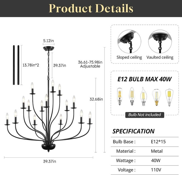Alt view image 4 of 7 - 15-Light Black Chandelier 39" Large Foyer Chandeliers for High Ceilings Modern Farmhouse Chandelier Industrial Candle Pendant Light Fixture for Entryway Living Room Dining Room Staircase Hallway