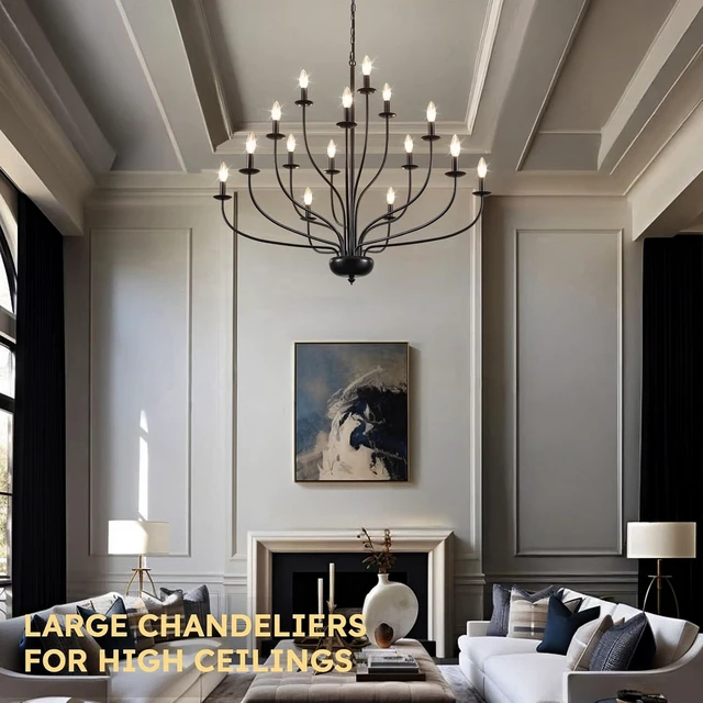 Alt view image 3 of 7 - 15-Light Black Chandelier 39" Large Foyer Chandeliers for High Ceilings Modern Farmhouse Chandelier Industrial Candle Pendant Light Fixture for Entryway Living Room Dining Room Staircase Hallway