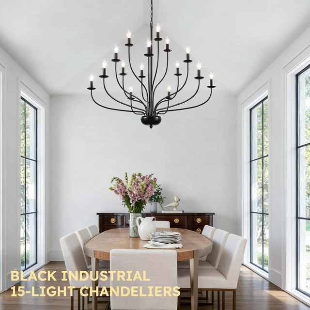 Alt view image 6 of 7 - 15-Light Black Chandelier 39" Large Foyer Chandeliers for High Ceilings Modern Farmhouse Chandelier Industrial Candle Pendant Light Fixture for Entryway Living Room Dining Room Staircase Hallway