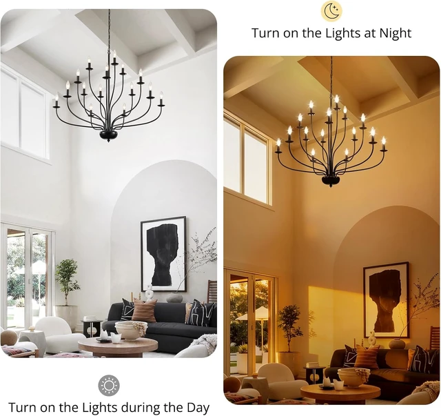 Alt view image 5 of 7 - 15-Light Black Chandelier 39" Large Foyer Chandeliers for High Ceilings Modern Farmhouse Chandelier Industrial Candle Pendant Light Fixture for Entryway Living Room Dining Room Staircase Hallway