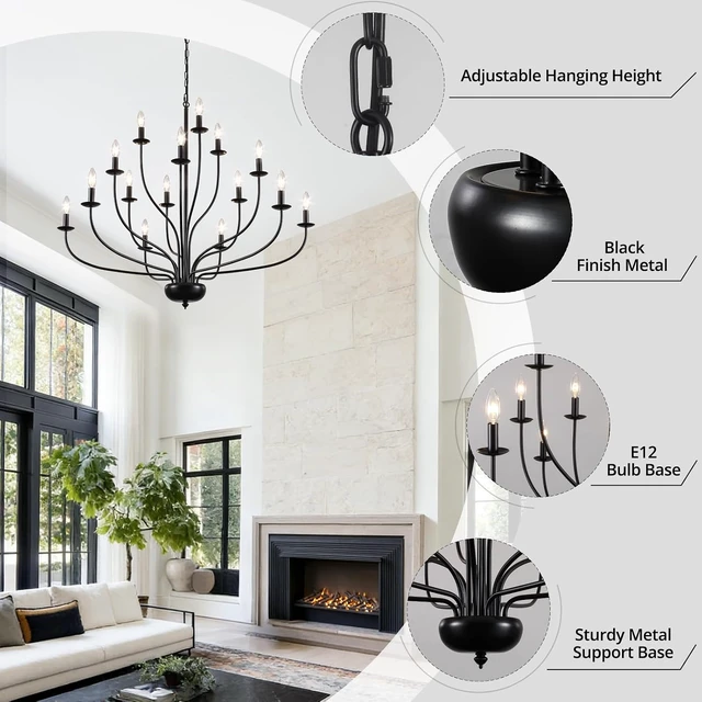 Alt view image 7 of 7 - 15-Light Black Chandelier 39" Large Foyer Chandeliers for High Ceilings Modern Farmhouse Chandelier Industrial Candle Pendant Light Fixture for Entryway Living Room Dining Room Staircase Hallway