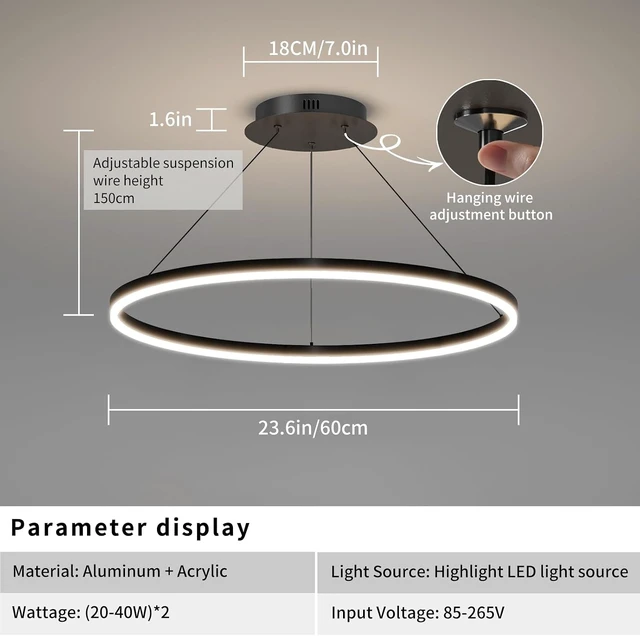 Alt view image 2 of 7 - 23.6in Modern Pendant Lights, Acrylic Anti Flicker Pendant Lamp with Remote Control LED Dimmable 3 Color Mode & Brightness (Warm & Cool & Neutral Light) Ceiling Lamp for Kitchen,Chandelier Black