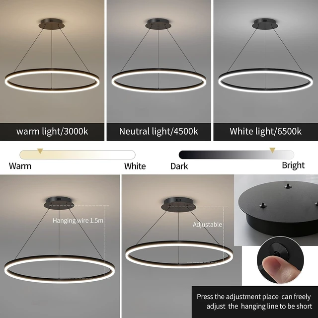 Alt view image 3 of 7 - 23.6in Modern Pendant Lights, Acrylic Anti Flicker Pendant Lamp with Remote Control LED Dimmable 3 Color Mode & Brightness (Warm & Cool & Neutral Light) Ceiling Lamp for Kitchen,Chandelier Black