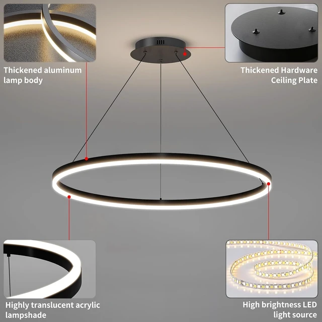 Alt view image 4 of 7 - 23.6in Modern Pendant Lights, Acrylic Anti Flicker Pendant Lamp with Remote Control LED Dimmable 3 Color Mode & Brightness (Warm & Cool & Neutral Light) Ceiling Lamp for Kitchen,Chandelier Black