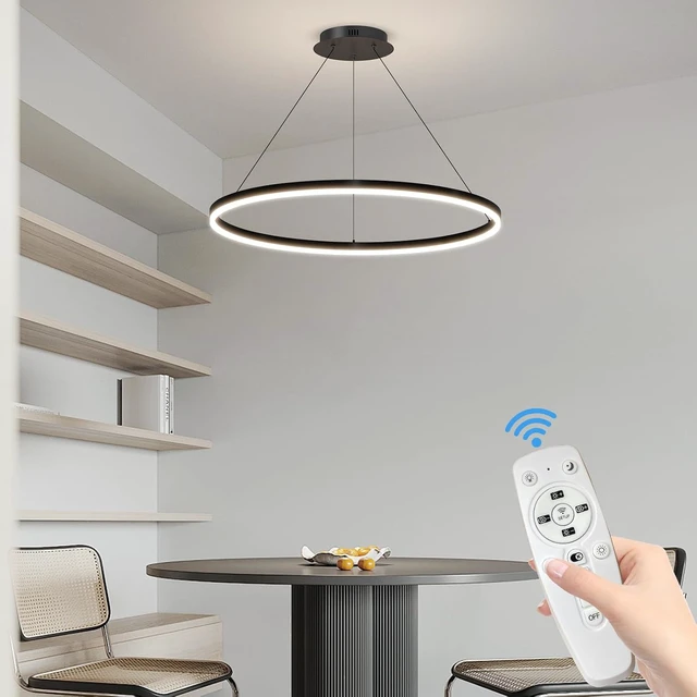 Alt view image 7 of 7 - 23.6in Modern Pendant Lights, Acrylic Anti Flicker Pendant Lamp with Remote Control LED Dimmable 3 Color Mode & Brightness (Warm & Cool & Neutral Light) Ceiling Lamp for Kitchen,Chandelier Black