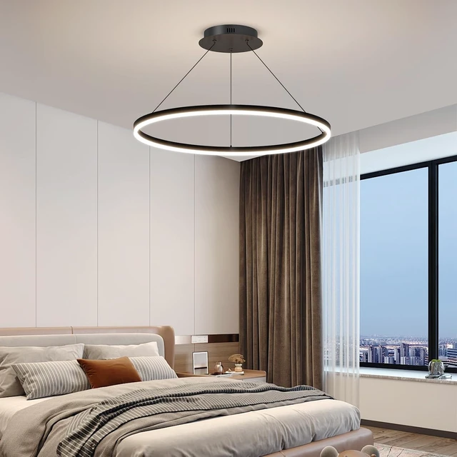 Alt view image 6 of 7 - 23.6in Modern Pendant Lights, Acrylic Anti Flicker Pendant Lamp with Remote Control LED Dimmable 3 Color Mode & Brightness (Warm & Cool & Neutral Light) Ceiling Lamp for Kitchen,Chandelier Black