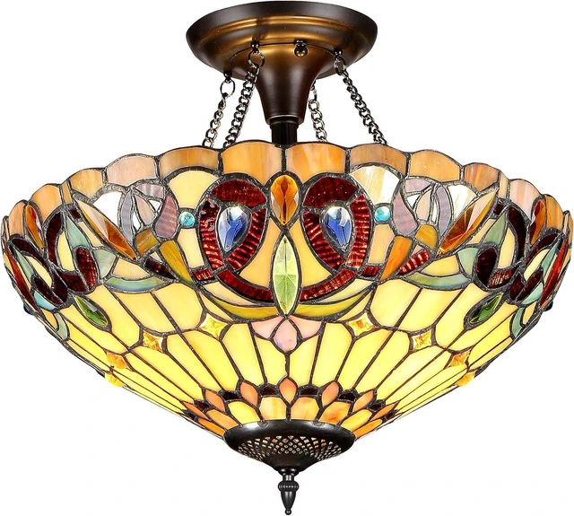 Main image of Capulina Tiffany Lamp Cream Brown Stained Glass Semi Ceiling Light 2-Light