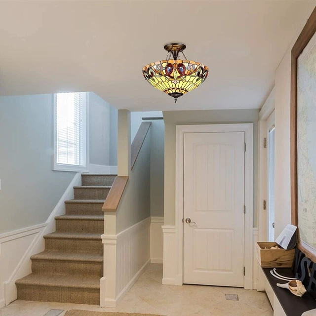 Alt view image 5 of 7 - Capulina Tiffany Lamp Cream Brown Stained Glass Semi Ceiling Light 2-Light