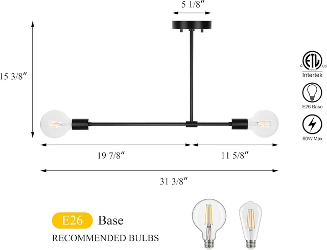 Alt view image 5 of 7 - XiNBEi Lighting 2 Light Semi Flush Mount Ceiling Light Black for Kitchen