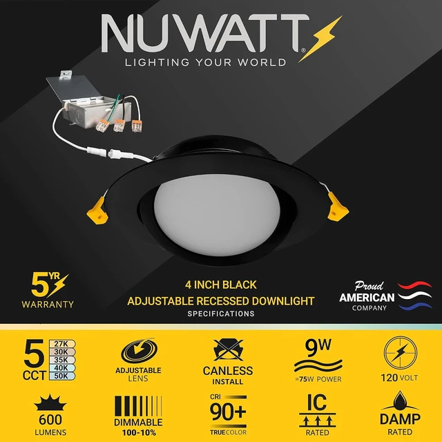 Alt view image 2 of 7 - NUWATT Airtight 4 Inch Gimbal Black LED Recessed Lights, 2700K-5000K, 6PK