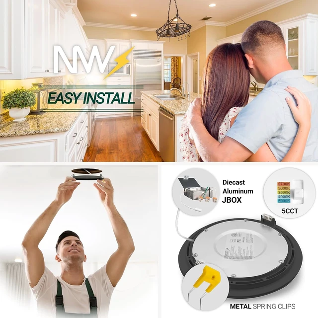 Alt view image 5 of 7 - NUWATT Airtight 4 Inch Gimbal Black LED Recessed Lights, 2700K-5000K, 6PK