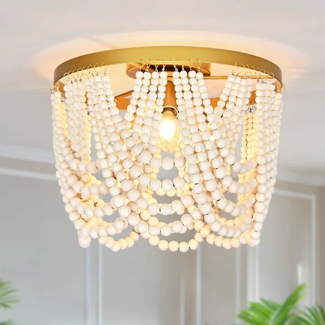 Main image of 3-Light 12.6" Boho Wood Beaded Flush Mount Ceiling Light for Bedroom,2-Mode Adjustable Beaded Chandelier,Boho Chandelier Coastal Semi Flush Mount Ceiling Light for Entryway Hallway kitchen