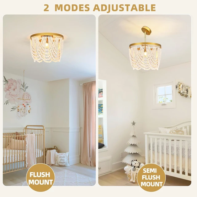 Alt view image 2 of 7 - 3-Light 12.6" Boho Wood Beaded Flush Mount Ceiling Light for Bedroom,2-Mode Adjustable Beaded Chandelier,Boho Chandelier Coastal Semi Flush Mount Ceiling Light for Entryway Hallway kitchen