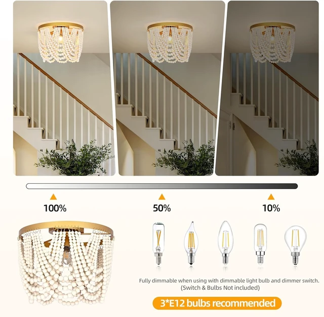 Alt view image 5 of 7 - 3-Light 12.6" Boho Wood Beaded Flush Mount Ceiling Light for Bedroom,2-Mode Adjustable Beaded Chandelier,Boho Chandelier Coastal Semi Flush Mount Ceiling Light for Entryway Hallway kitchen