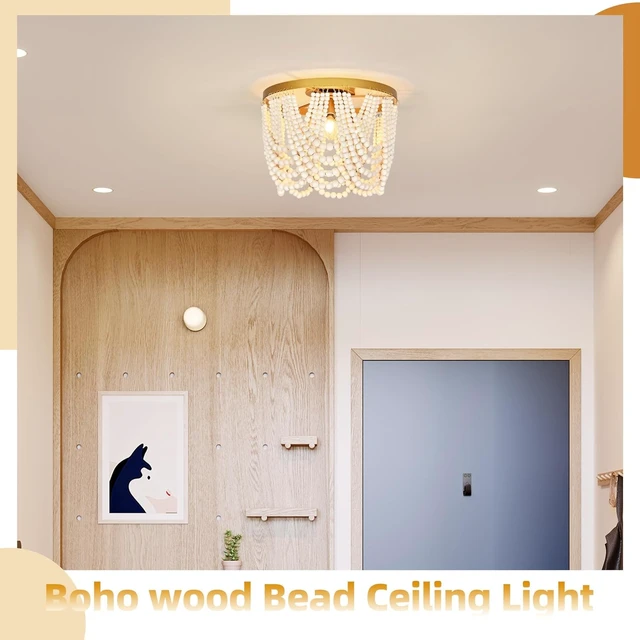 Alt view image 3 of 7 - 3-Light 12.6" Boho Wood Beaded Flush Mount Ceiling Light for Bedroom,2-Mode Adjustable Beaded Chandelier,Boho Chandelier Coastal Semi Flush Mount Ceiling Light for Entryway Hallway kitchen