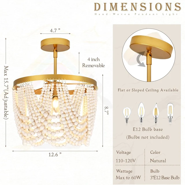 Alt view image 4 of 7 - 3-Light 12.6" Boho Wood Beaded Flush Mount Ceiling Light for Bedroom,2-Mode Adjustable Beaded Chandelier,Boho Chandelier Coastal Semi Flush Mount Ceiling Light for Entryway Hallway kitchen