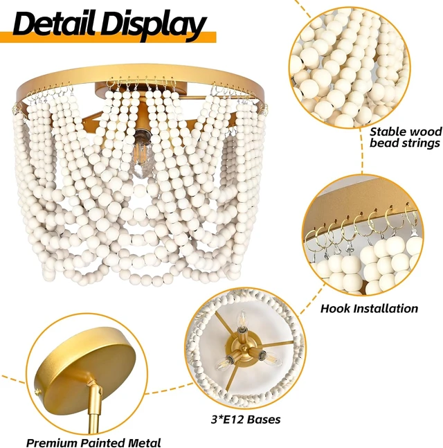 Alt view image 6 of 7 - 3-Light 12.6" Boho Wood Beaded Flush Mount Ceiling Light for Bedroom,2-Mode Adjustable Beaded Chandelier,Boho Chandelier Coastal Semi Flush Mount Ceiling Light for Entryway Hallway kitchen