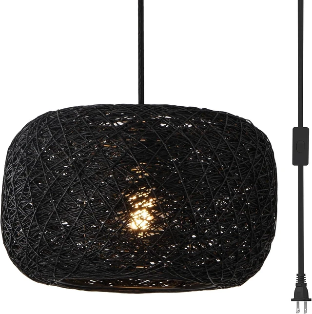 Main image of Plug in Pendant Light with Woven Rattan Lampshade, 12 Boho Hanging Lamp with 15FT Cord & On/Off Switch, E26 Socket, Ceiling Hook Installation for Bedroom Living Room Dining Nook Apartment