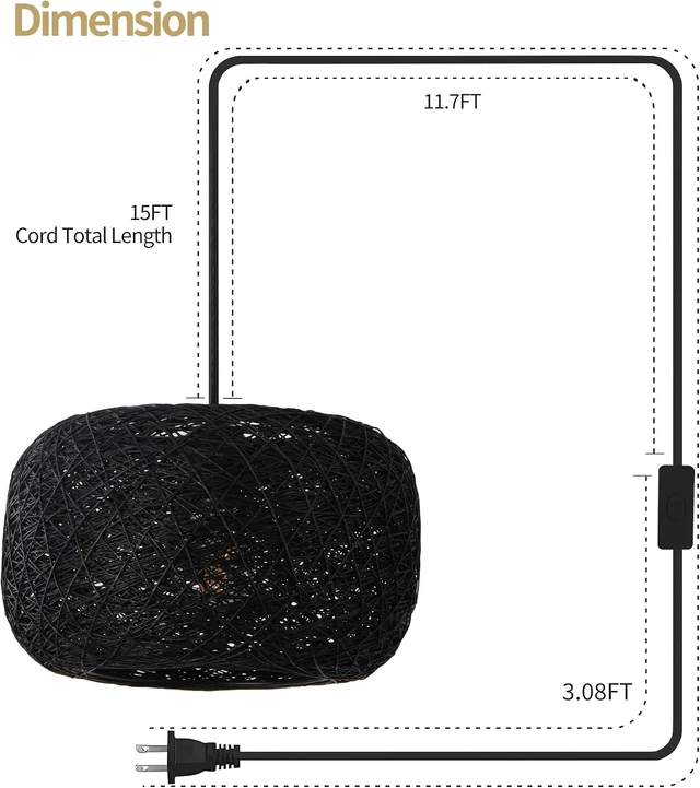 Alt view image 2 of 7 - Plug in Pendant Light with Woven Rattan Lampshade, 12 Boho Hanging Lamp with 15FT Cord & On/Off Switch, E26 Socket, Ceiling Hook Installation for Bedroom Living Room Dining Nook Apartment