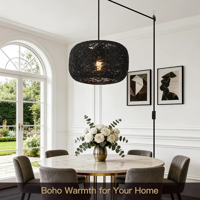 Alt view image 3 of 7 - Plug in Pendant Light with Woven Rattan Lampshade, 12 Boho Hanging Lamp with 15FT Cord & On/Off Switch, E26 Socket, Ceiling Hook Installation for Bedroom Living Room Dining Nook Apartment