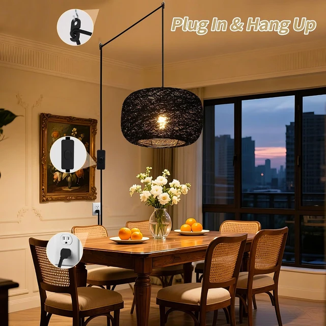 Alt view image 4 of 7 - Plug in Pendant Light with Woven Rattan Lampshade, 12 Boho Hanging Lamp with 15FT Cord & On/Off Switch, E26 Socket, Ceiling Hook Installation for Bedroom Living Room Dining Nook Apartment