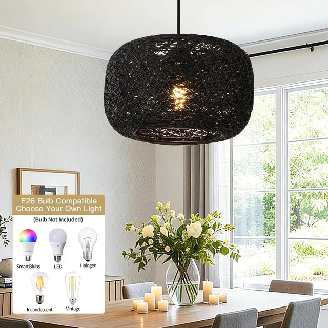 Alt view image 6 of 7 - Plug in Pendant Light with Woven Rattan Lampshade, 12 Boho Hanging Lamp with 15FT Cord & On/Off Switch, E26 Socket, Ceiling Hook Installation for Bedroom Living Room Dining Nook Apartment
