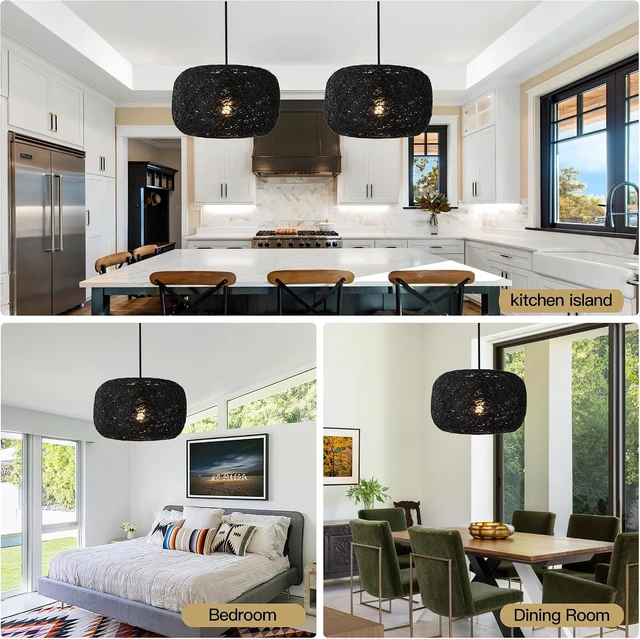 Alt view image 7 of 7 - Plug in Pendant Light with Woven Rattan Lampshade, 12 Boho Hanging Lamp with 15FT Cord & On/Off Switch, E26 Socket, Ceiling Hook Installation for Bedroom Living Room Dining Nook Apartment