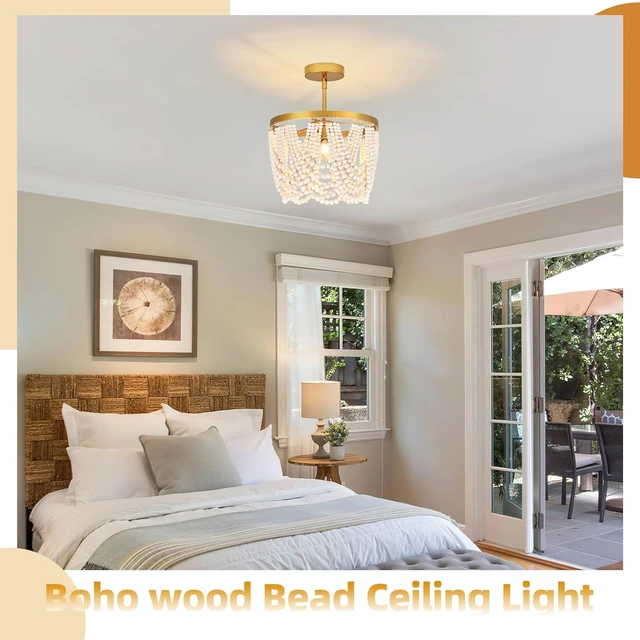 Alt view image 7 of 7 - 3-Light 12.6" Boho Wood Beaded Flush Mount Ceiling Light for Bedroom,2-Mode Adjustable Beaded Chandelier,Boho Chandelier Coastal Semi Flush Mount Ceiling Light for Entryway Hallway kitchen