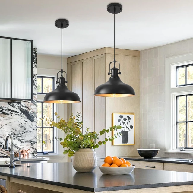 Alt view image 4 of 7 - Farmhouse Pendant Lights, 11.4" Black Pendant Lighting for Kitchen Island, 2 Pack Kitchen Island Lighting, Industrial Vintage Hanging Light Fixtures for Barn, Dining Room
