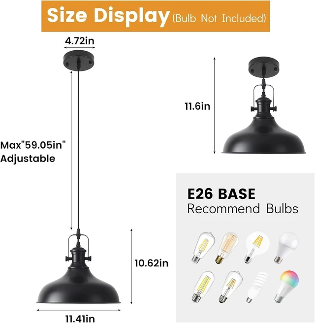 Alt view image 6 of 7 - Farmhouse Pendant Lights, 11.4" Black Pendant Lighting for Kitchen Island, 2 Pack Kitchen Island Lighting, Industrial Vintage Hanging Light Fixtures for Barn, Dining Room