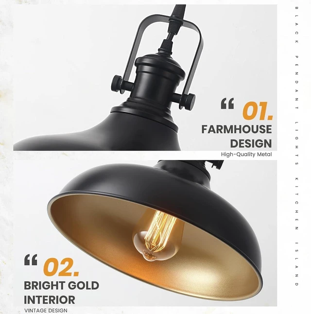 Alt view image 7 of 7 - Farmhouse Pendant Lights, 11.4" Black Pendant Lighting for Kitchen Island, 2 Pack Kitchen Island Lighting, Industrial Vintage Hanging Light Fixtures for Barn, Dining Room