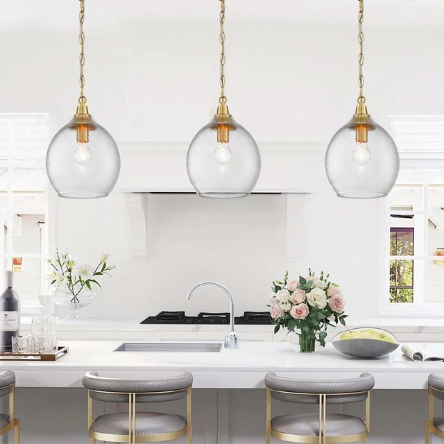 Alt view image 4 of 7 - Untrammelife Gold Hammered Glass Globe Pendant Light, Kitchen Island Brass