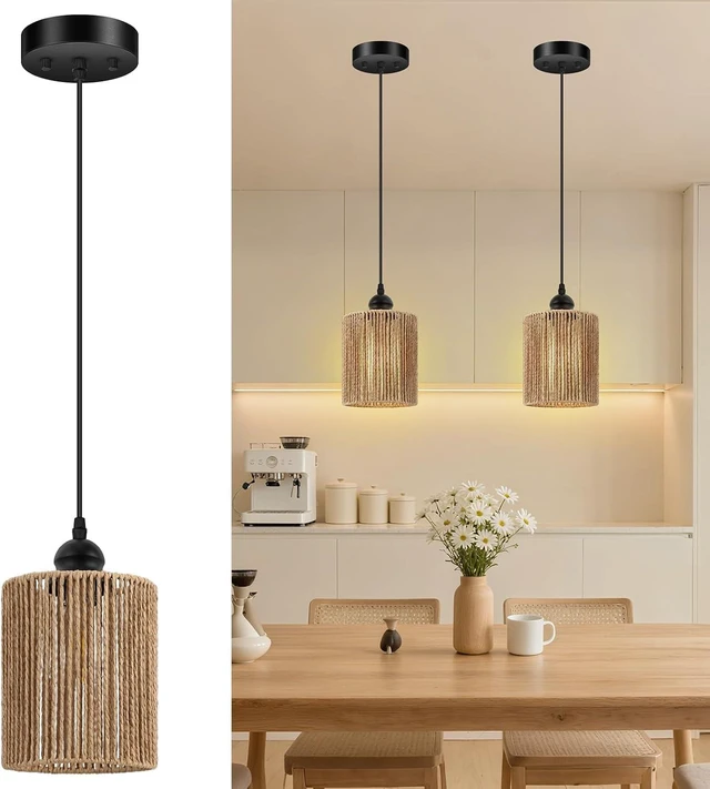 Main image of BoostArea 2 Pack Rattan Pendant Lights Kitchen Island, Farmhouse Chandelier with Handwoven Wicker Shade, Adjustable Height Boho Hanging Light for Kitchen Island/Dining Room/Bedroom/Hallway, No Bulb