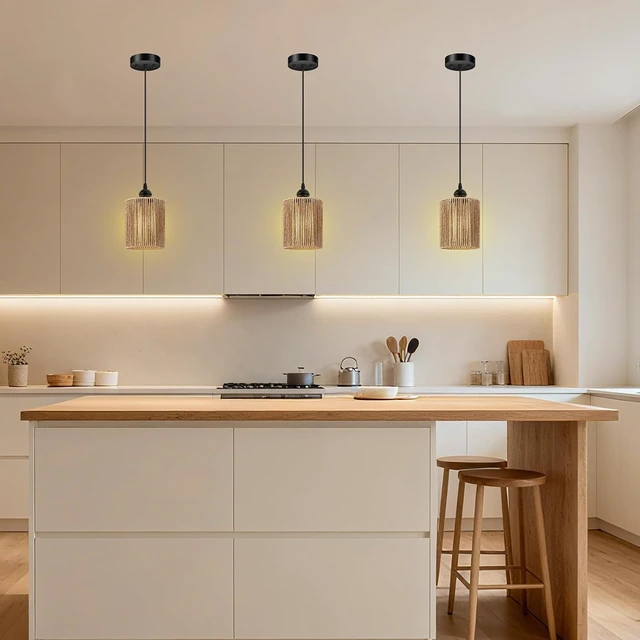 Alt view image 6 of 7 - BoostArea 2 Pack Rattan Pendant Lights Kitchen Island, Farmhouse Chandelier with Handwoven Wicker Shade, Adjustable Height Boho Hanging Light for Kitchen Island/Dining Room/Bedroom/Hallway, No Bulb