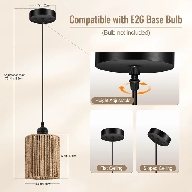 Alt view image 2 of 7 - BoostArea 2 Pack Rattan Pendant Lights Kitchen Island, Farmhouse Chandelier with Handwoven Wicker Shade, Adjustable Height Boho Hanging Light for Kitchen Island/Dining Room/Bedroom/Hallway, No Bulb