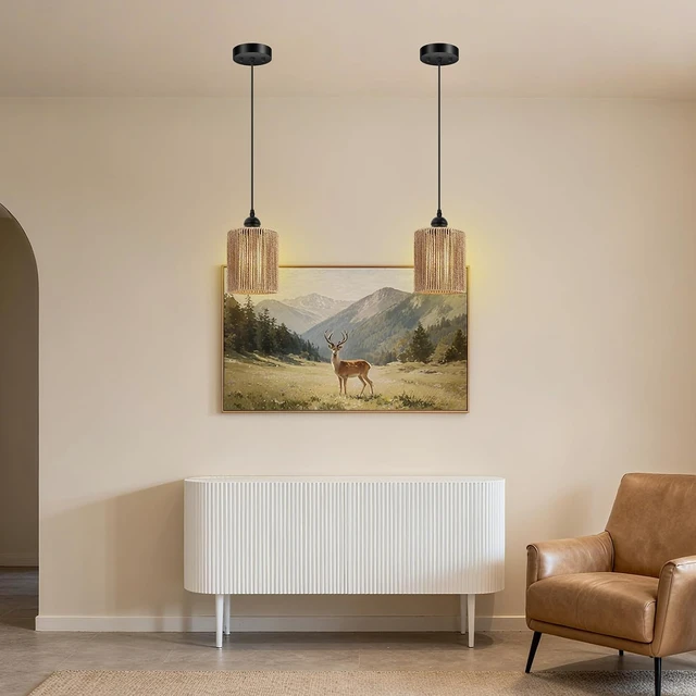 Alt view image 7 of 7 - BoostArea 2 Pack Rattan Pendant Lights Kitchen Island, Farmhouse Chandelier with Handwoven Wicker Shade, Adjustable Height Boho Hanging Light for Kitchen Island/Dining Room/Bedroom/Hallway, No Bulb
