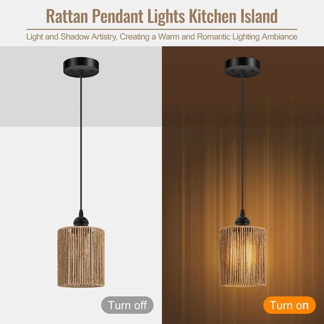 Alt view image 4 of 7 - BoostArea 2 Pack Rattan Pendant Lights Kitchen Island, Farmhouse Chandelier with Handwoven Wicker Shade, Adjustable Height Boho Hanging Light for Kitchen Island/Dining Room/Bedroom/Hallway, No Bulb