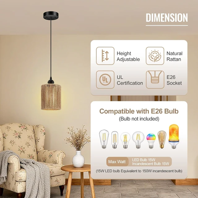 Alt view image 5 of 7 - BoostArea 2 Pack Rattan Pendant Lights Kitchen Island, Farmhouse Chandelier with Handwoven Wicker Shade, Adjustable Height Boho Hanging Light for Kitchen Island/Dining Room/Bedroom/Hallway, No Bulb