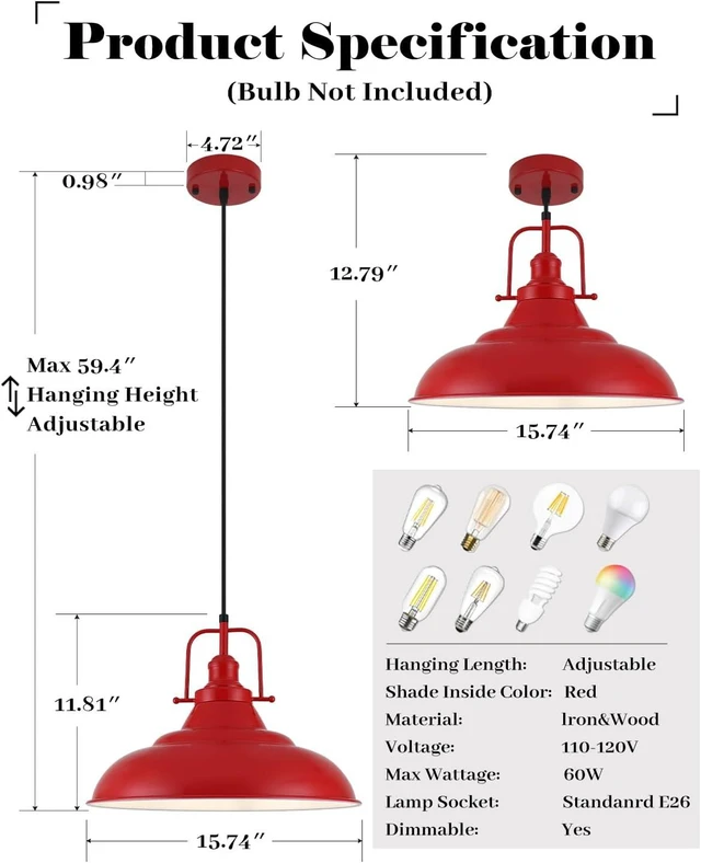 Alt view image 3 of 7 - Red Pendant Light, 16 Inch Large Industrial Pendant Lights, Matte Red Pendant Lights Kitchen Island, Vintage Farmhouse Pendant Light for Kitchen Island, Dining Room, Hallway (1 Pack)